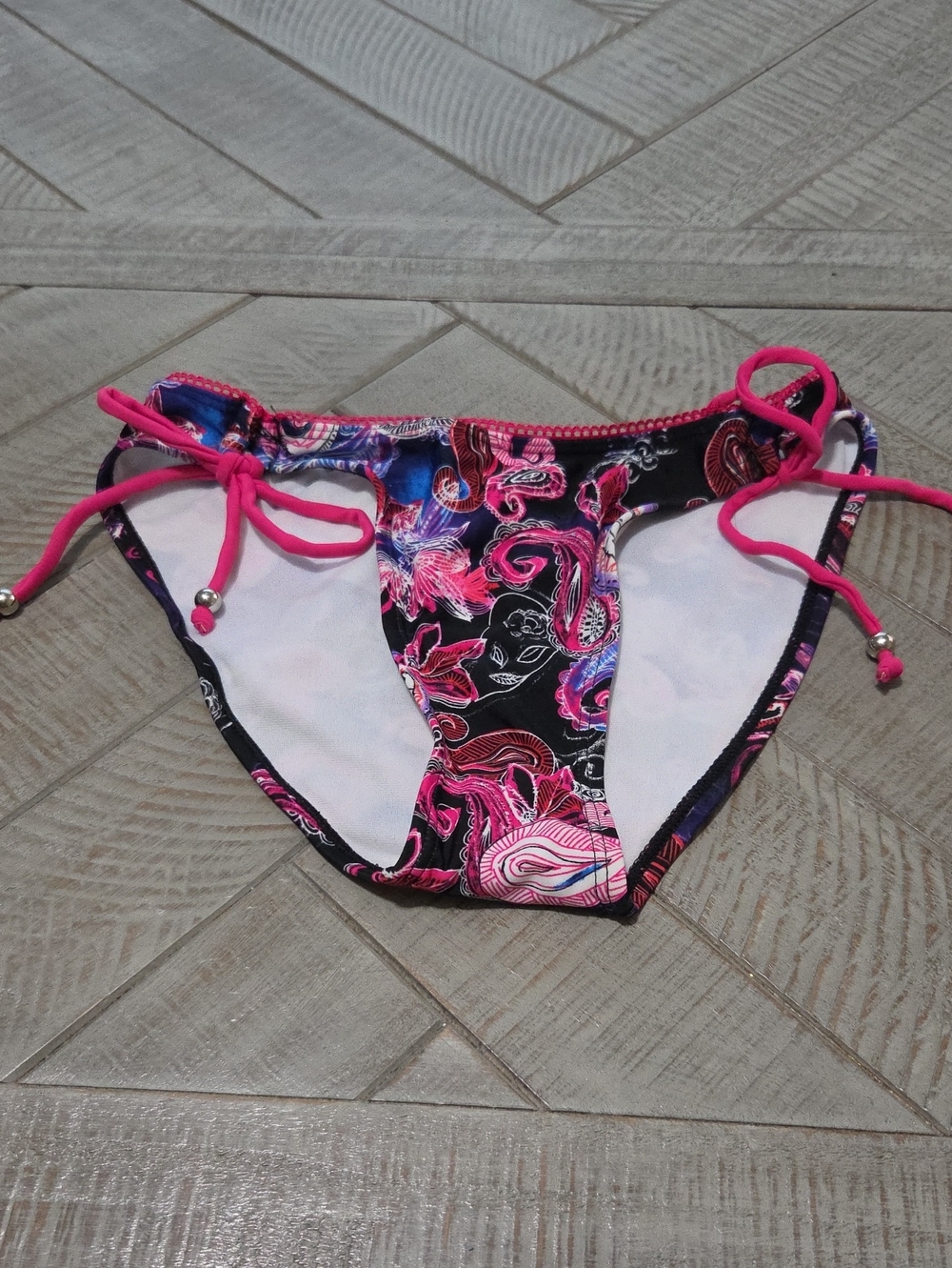 Society Black Paisley Bikini Bottom with Hot Pink Tie-Sides